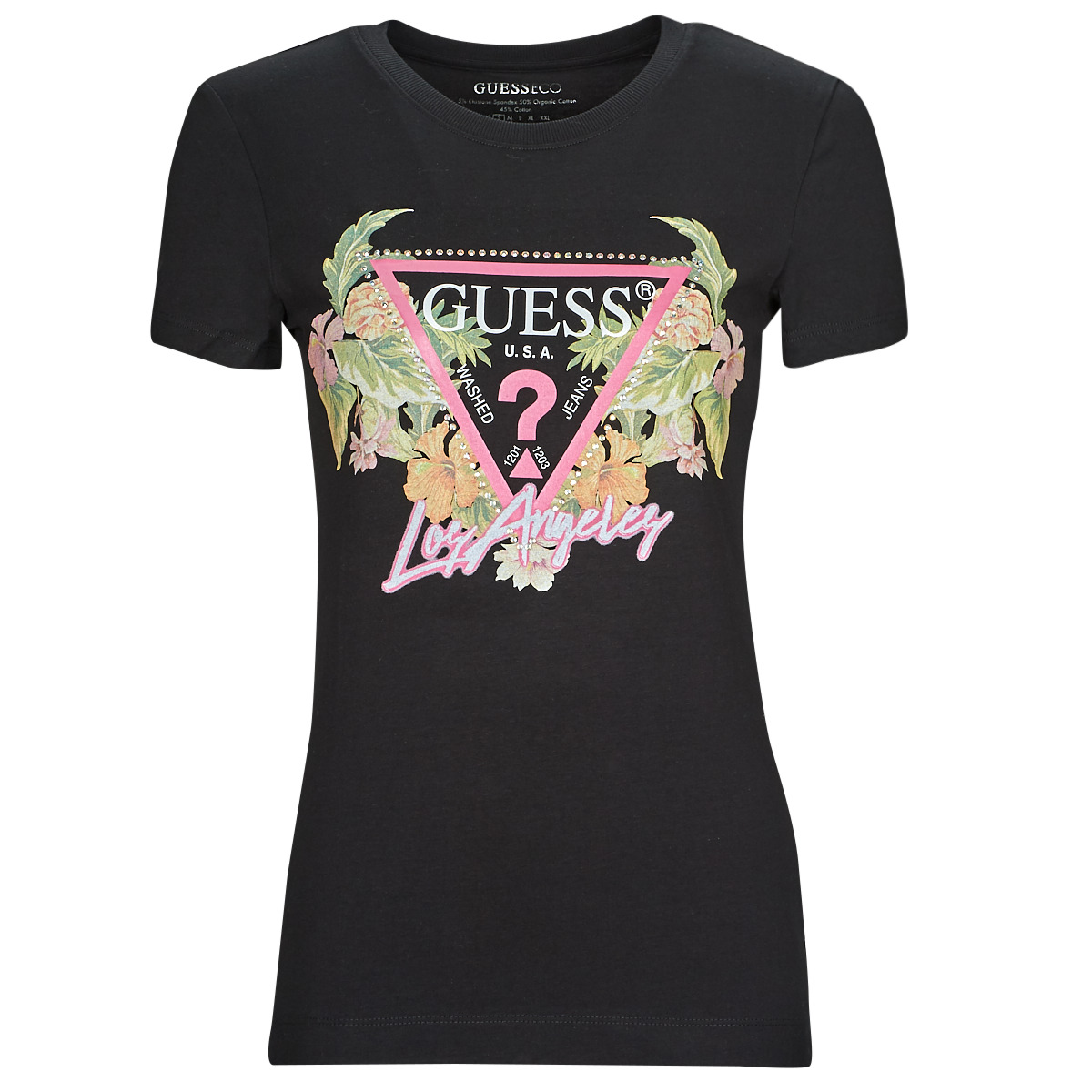 Guess Noir SS CN TRIANGLE FLOWERS TEE PzDt6NRD